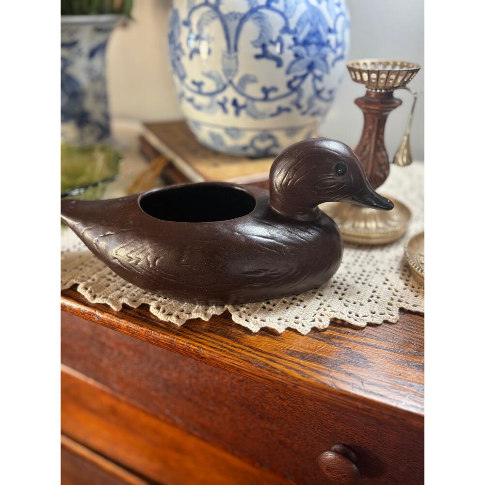 Vintage Duck Decoy Planter Figurine Dark Brown Rustic Lodge Cabin‎ Decor Bowl